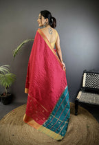 Joban Fashion Hot Pink Bhagalpuri Cotton Silk Stripes/Box Saree | Grocsy