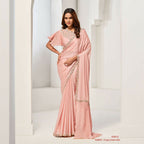 Peach Crepe Satin Silk Sequence & Handwork Saree With Unstitched Blouse - Norita Saanjh | Grocsy