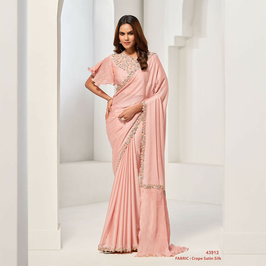 Peach Crepe Satin Silk Sequence & Handwork Saree With Unstitched Blouse - Norita Saanjh | Grocsy