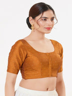 Joban Fashion Dark-Mustard Taffeta Silk Elbow Sleeveless Front Open Blouse | Grocsy