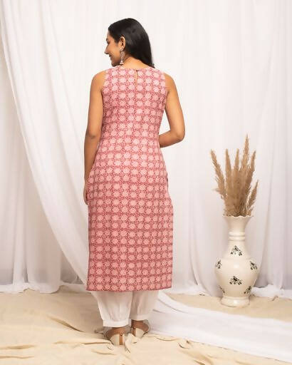 FIORRA Women's Floral Printed Pink Cotton Straight Kurta | Grocsy