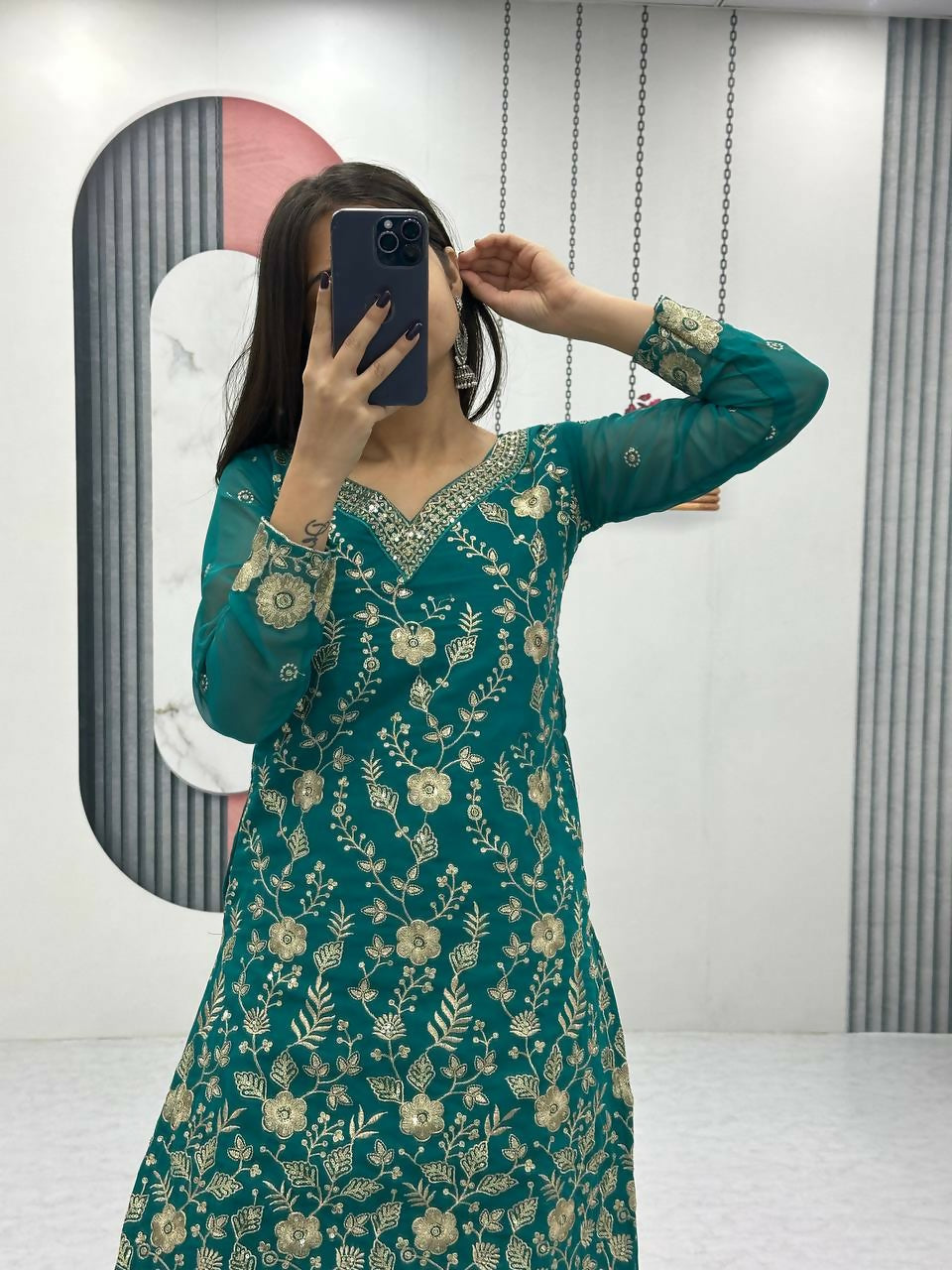 Teeya Creation Womens New Heavy Fox Georgette Fabric With Heavy Embroidery Work Green Kurta Set | Grocsy