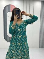 Teeya Creation Womens New Heavy Fox Georgette Fabric With Heavy Embroidery Work Green Kurta Set | Grocsy