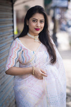 White Organza Thread Saree with Unstitched Blouse - Hiral Fashion | Grocsy