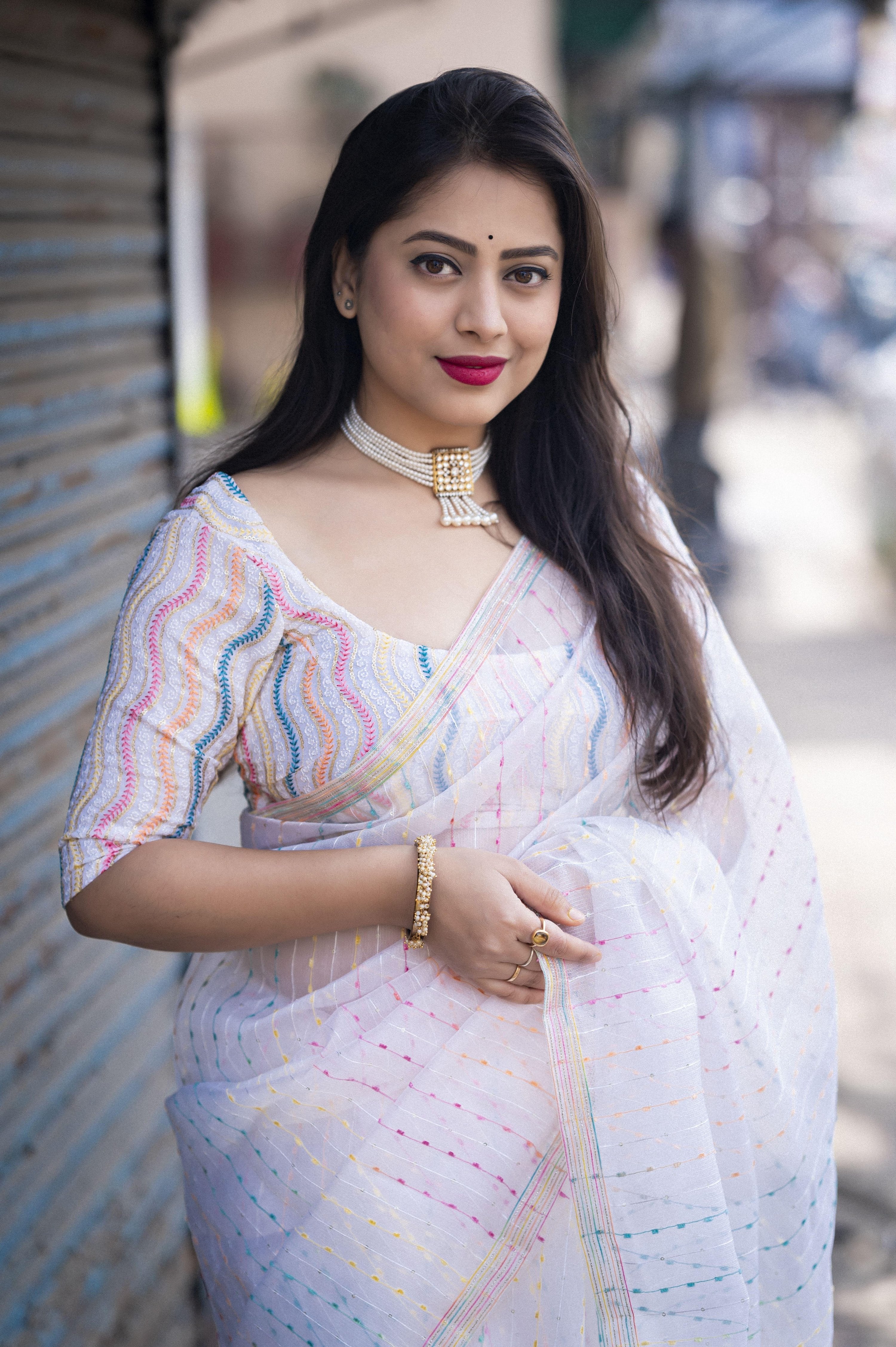 White Organza Thread Saree with Unstitched Blouse - Hiral Fashion | Grocsy