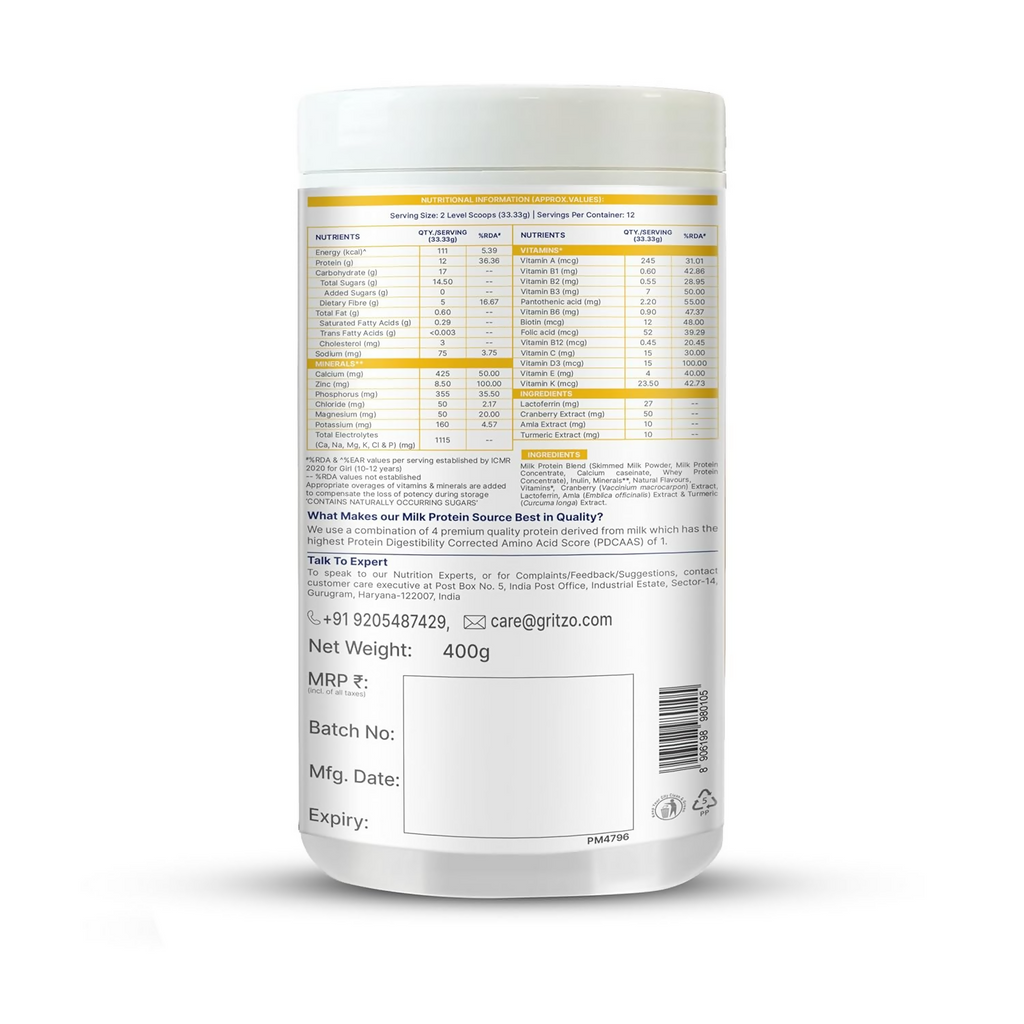 Gritzo SuperMilk Growth+ (Formerly Height+) Unsweetened Drink Mix (10-12y Girls) 12g Protein Powder - Creamy Vanilla | Grocsy