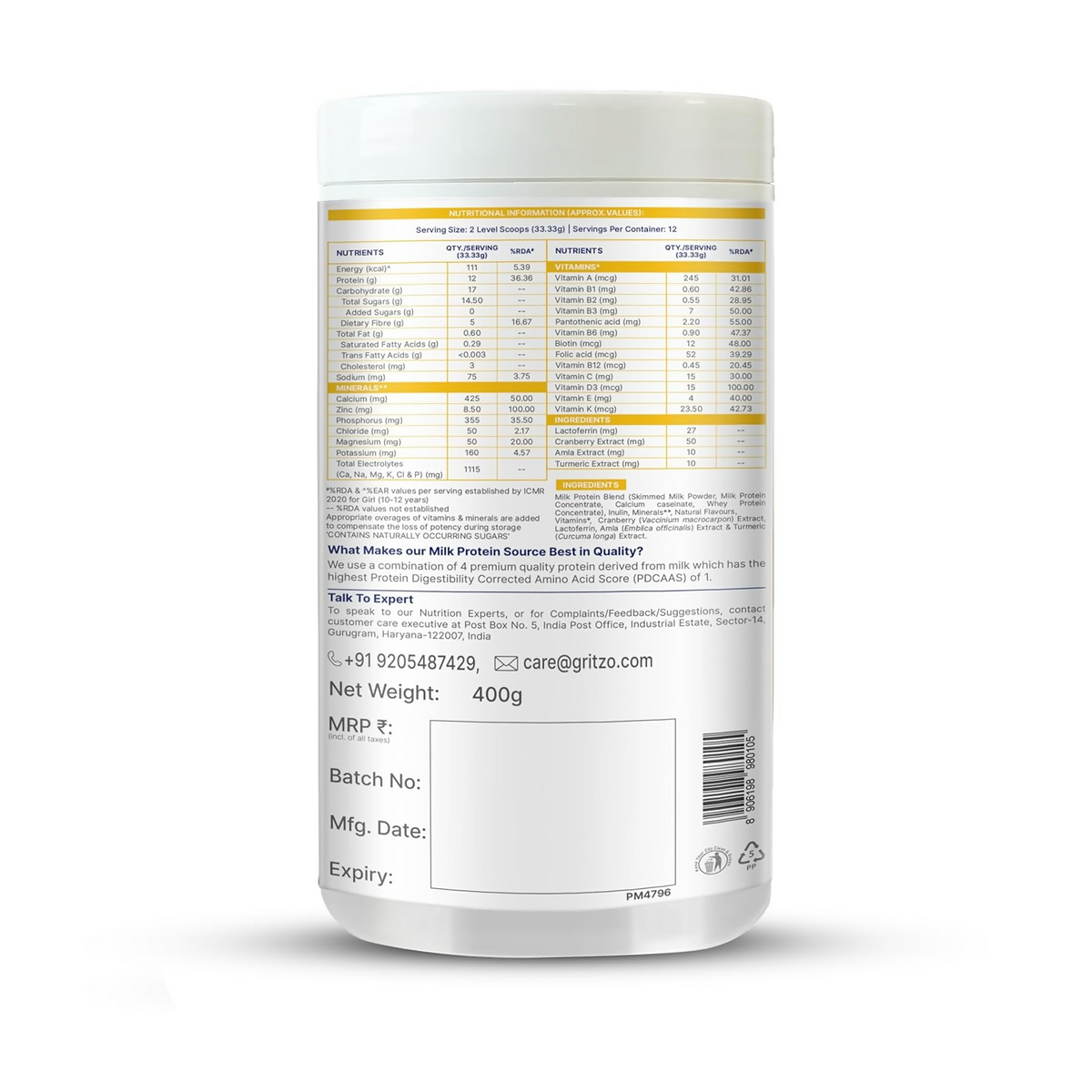 Gritzo SuperMilk Growth+ (Formerly Height+) Unsweetened Drink Mix (10-12y Girls) 12g Protein Powder - Creamy Vanilla | Grocsy
