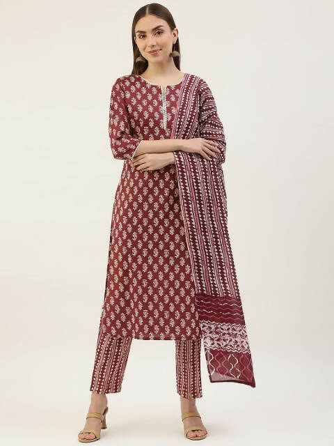 FIORRA Women's Maroon Cotton Straight Kurta Pant With Dupatta | Grocsy