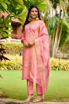 The52 Women's Beautiful Embroidery Work Roman Fabric Straight Kurta Pant and Dupatta Set | Grocsy