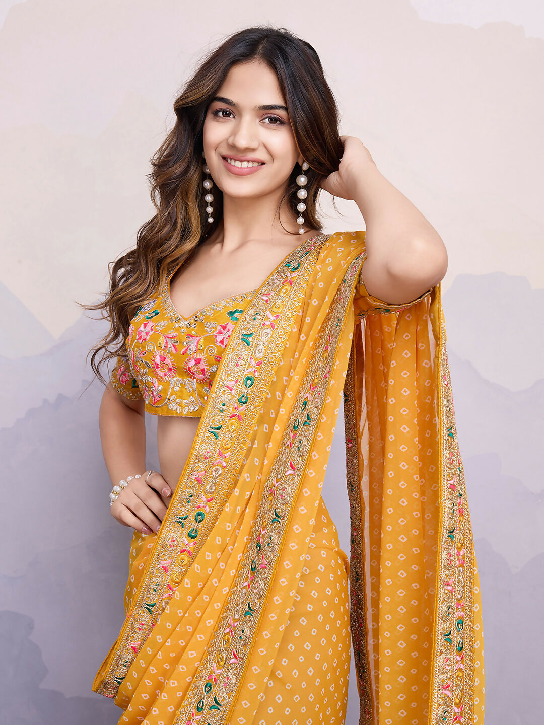 Yellow Georgette Bandhani Printed,Embroidery Work Saree - Surkhi | Grocsy