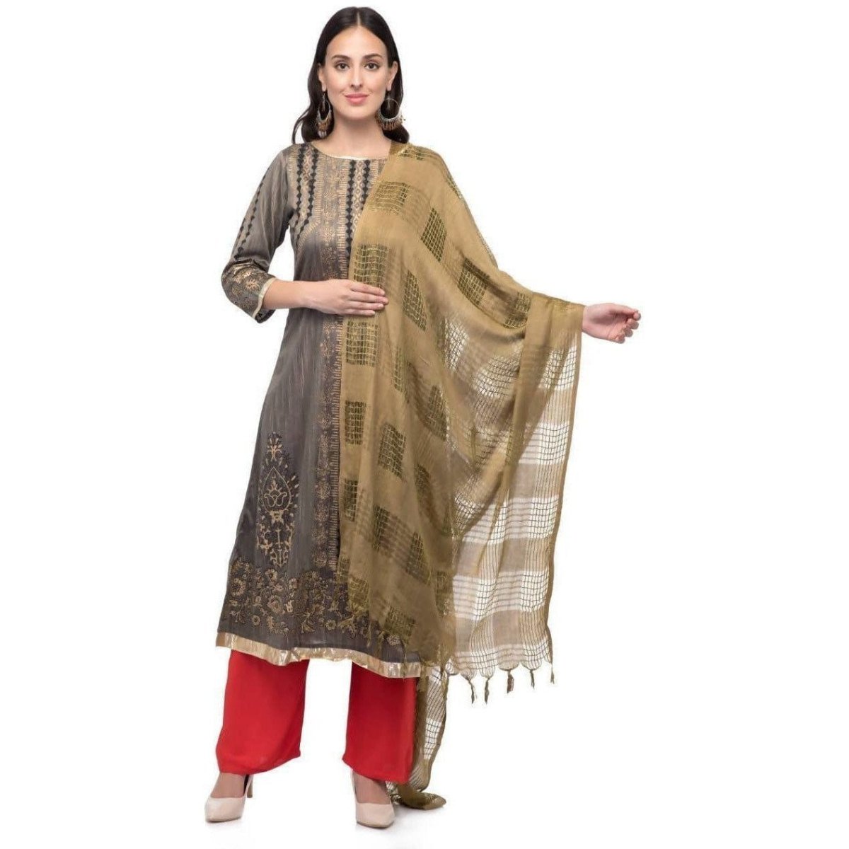 A R Silk Women's Cotton Window Check Mehndi Green Regular Dupatta | Grocsy