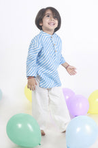 Breathables Kids Cotton Night Suit – Blue Striped Kurta & Pyjama Co-Ord Set For Boys & Girls | Grocsy