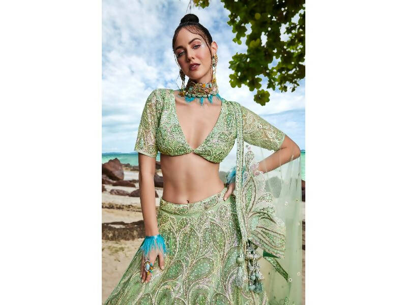 House of Panchhi Lime green Net Multi Sequins with heavy Zarkan embroidery Lehenga choli & Dupatta | Grocsy