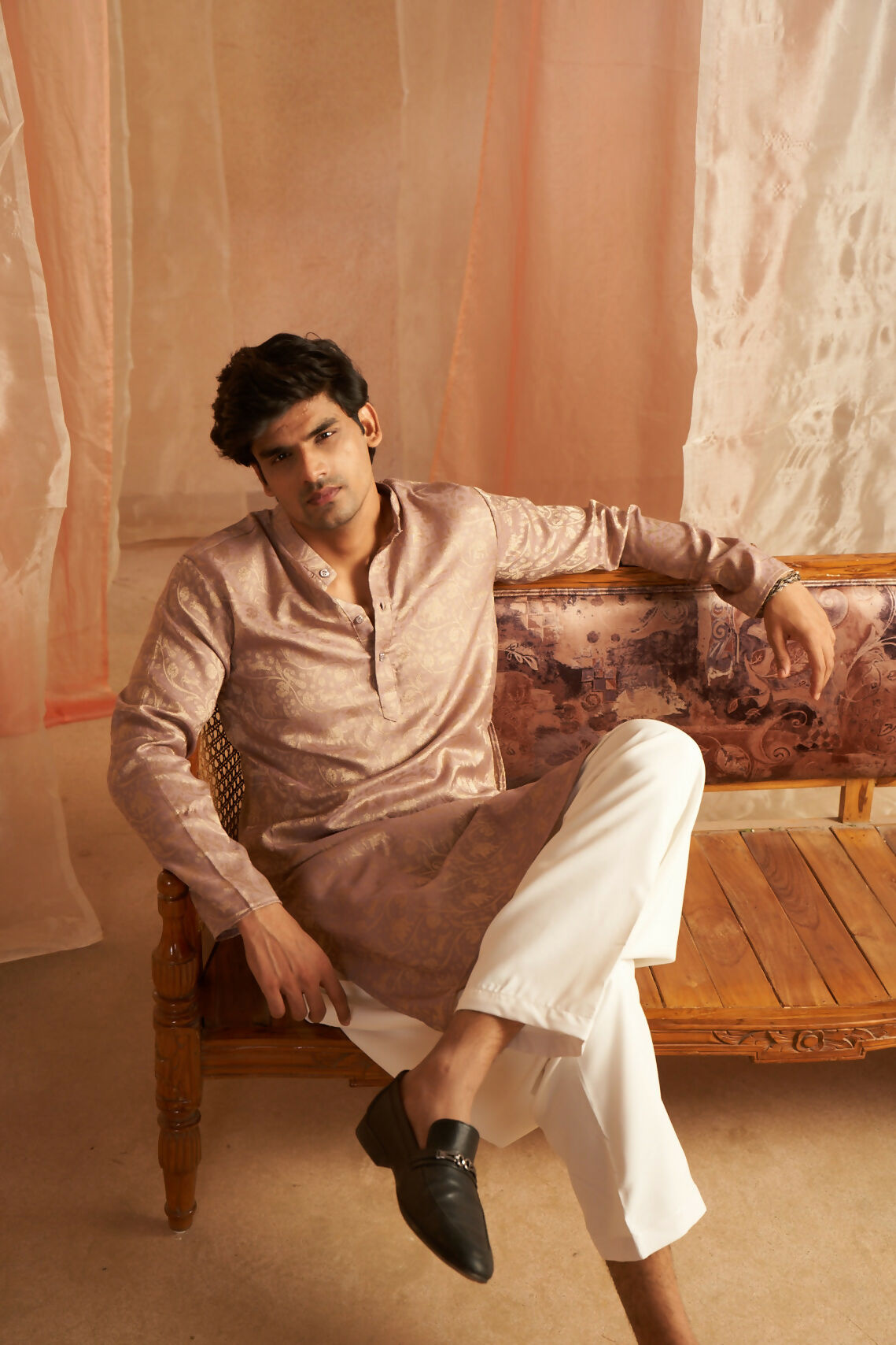 Mauve Modal Silk Wevon Designer Men's Kurta Set - Mahotsav | Grocsy