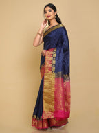Kalamandir Checked Navy Blue Pashmina Saree | Grocsy