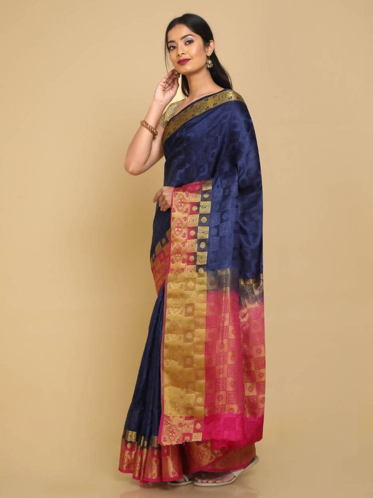 Kalamandir Checked Navy Blue Pashmina Saree | Grocsy