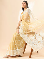Beige Organza Geometric Embroidered Saree with Unstitched Blouse Piece - Roozal | Grocsy