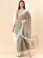 Grey Organza Floral Embroidered Saree with Unstitched Blouse Piece - Roozal | Grocsy