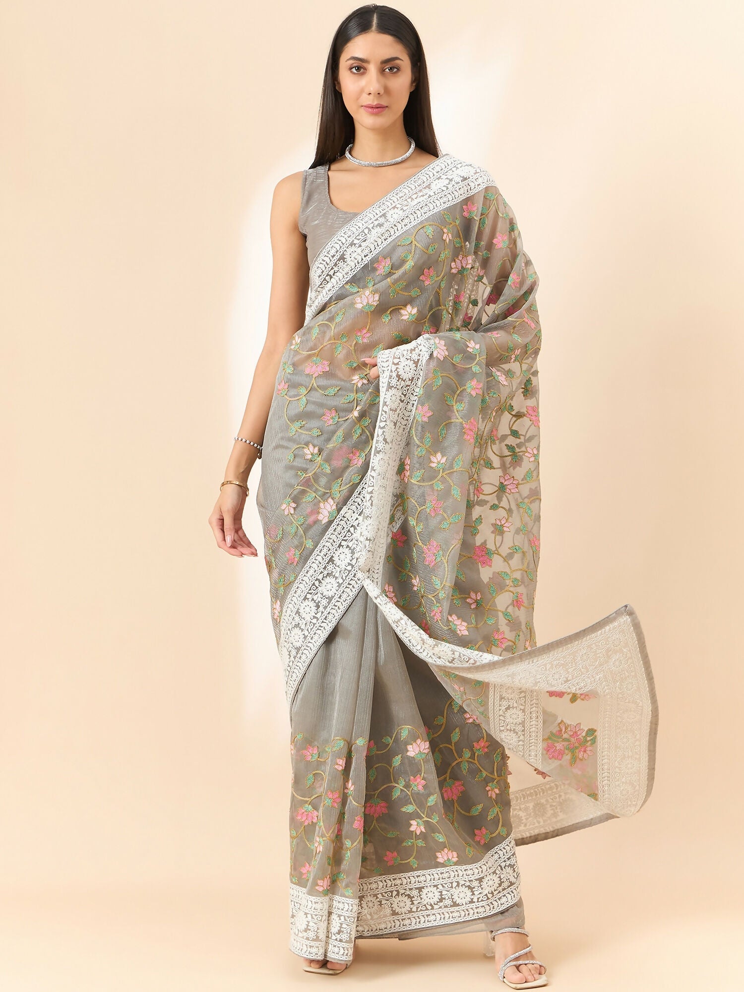 Grey Organza Floral Embroidered Saree with Unstitched Blouse Piece - Roozal | Grocsy