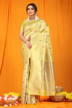 Jyoti Fashion Women's Cream Kanjivaram Silk Zari Woven Saree with Blouse | Grocsy