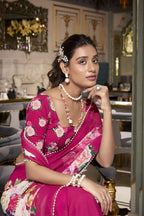 Vastranavya Pink Spectacular Georgette Printed with Pearl Lace Saree with Unstitched Blouse | Grocsy