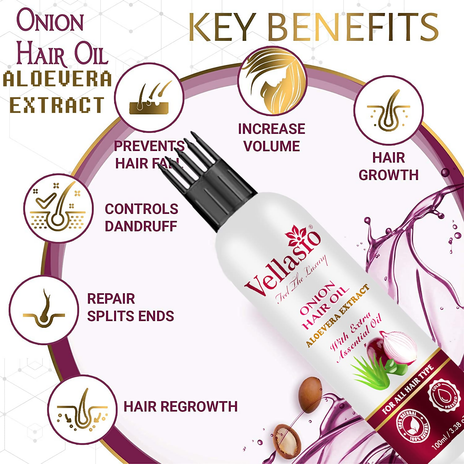 Vellasio Onion Aloevera Hair Oil & Ayurvedic Herbal Extracts | Grocsy