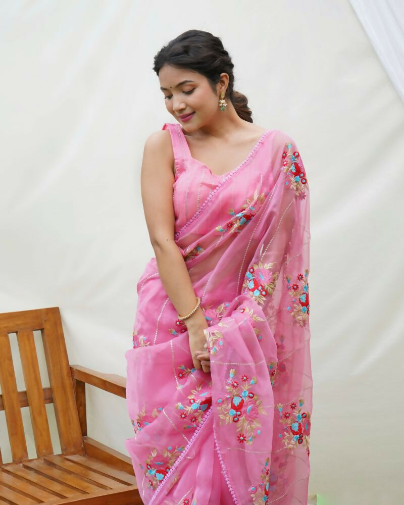 Vamsee Anamika Pink Organza Silk Saree | Grocsy
