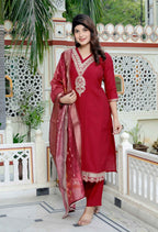 Miravan Women's Embroidered Pure Silk Red Kurta with Palazzo and Dupatta | Grocsy