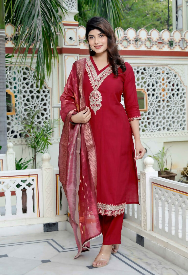Miravan Women's Embroidered Pure Silk Red Kurta with Palazzo and Dupatta | Grocsy