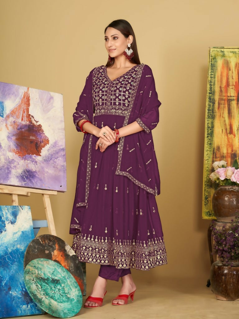 Jyoti Fashion Women's Purple Georgette Embroidered Anarkali Kurta Pant Set With Dupatta | Grocsy
