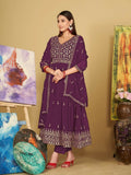 Jyoti Fashion Women's Purple Georgette Embroidered Anarkali Kurta Pant Set With Dupatta | Grocsy