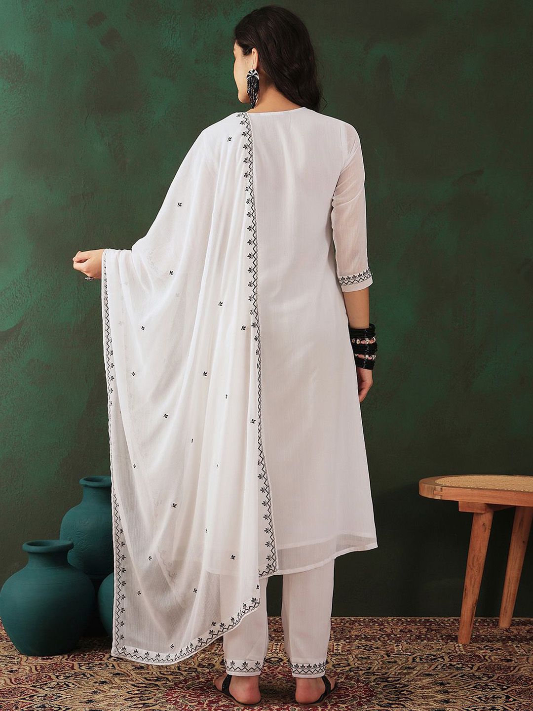 Sangria Floral Embroidered A Line Kurta With Trouser & Dupatta | Grocsy