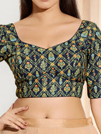Joban Fashion Navy Blue Viscose Rayon Padded Blouse With Sweetheart Neck Elbow Sleeves | Grocsy