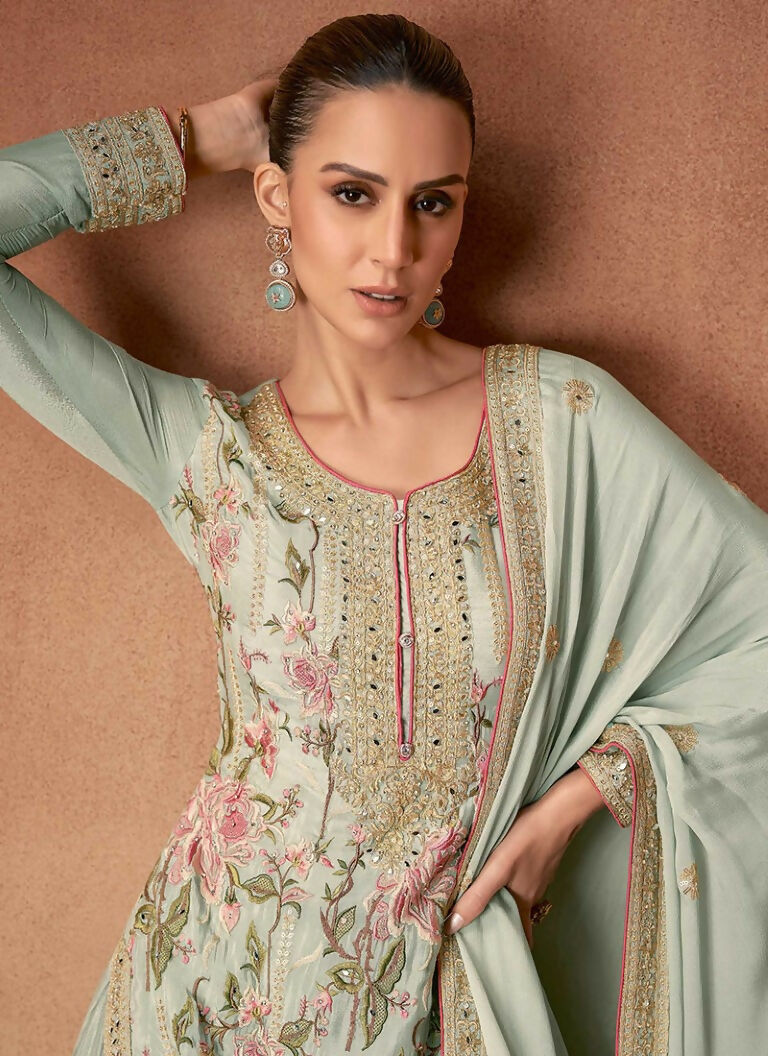 Vastranavya Sea Green Heavy Star Georgette Embroidered Sequins & Mirror Work Classy Pakistani Palazzo Suit | Grocsy