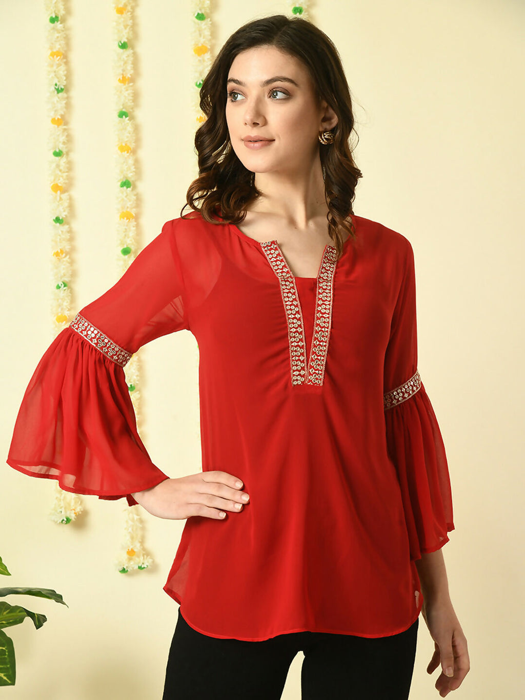 Myshka Women's Red Embroidered Party Fusion Top | Grocsy