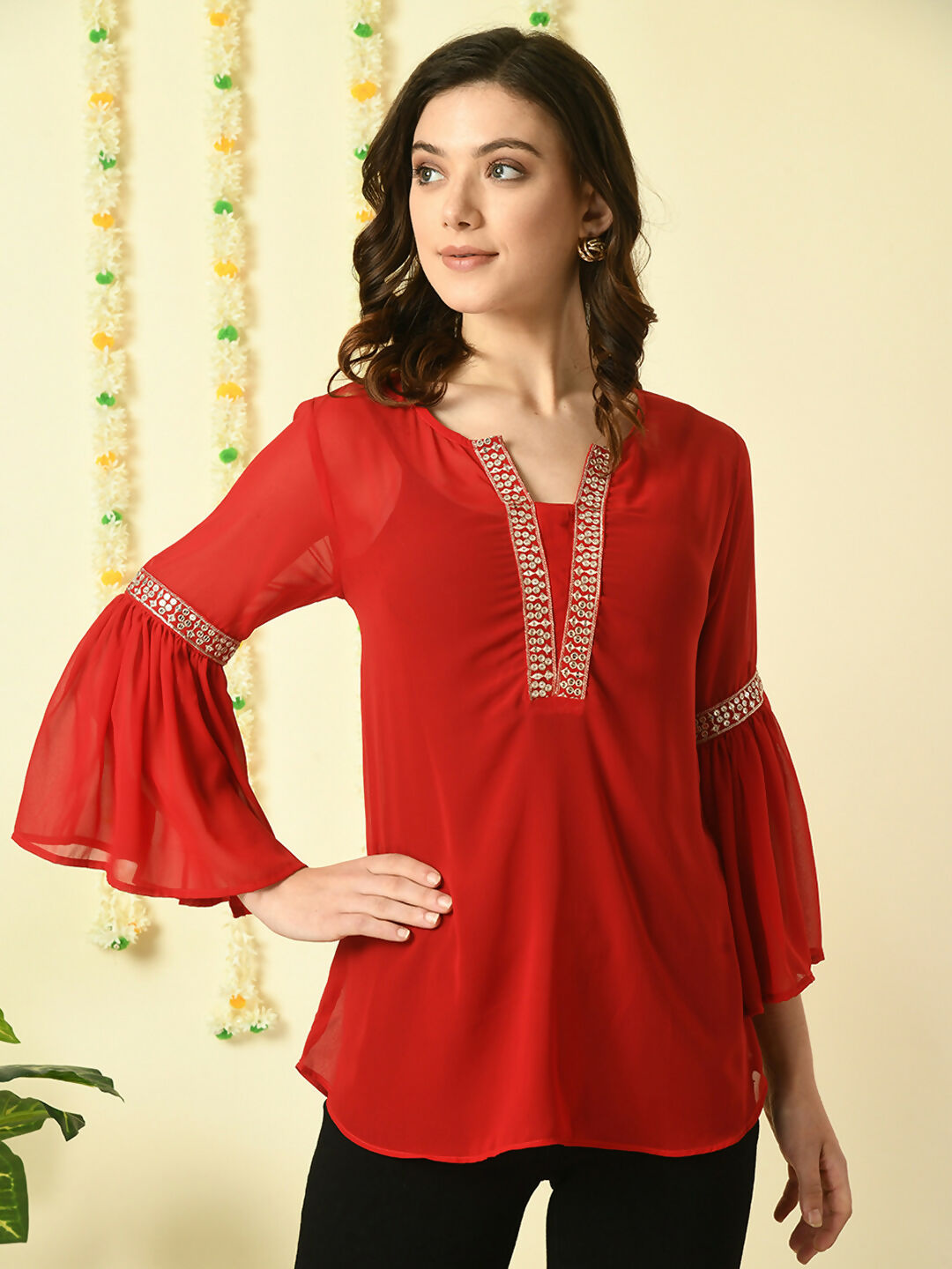 Myshka Women's Red Embroidered Party Fusion Top | Grocsy