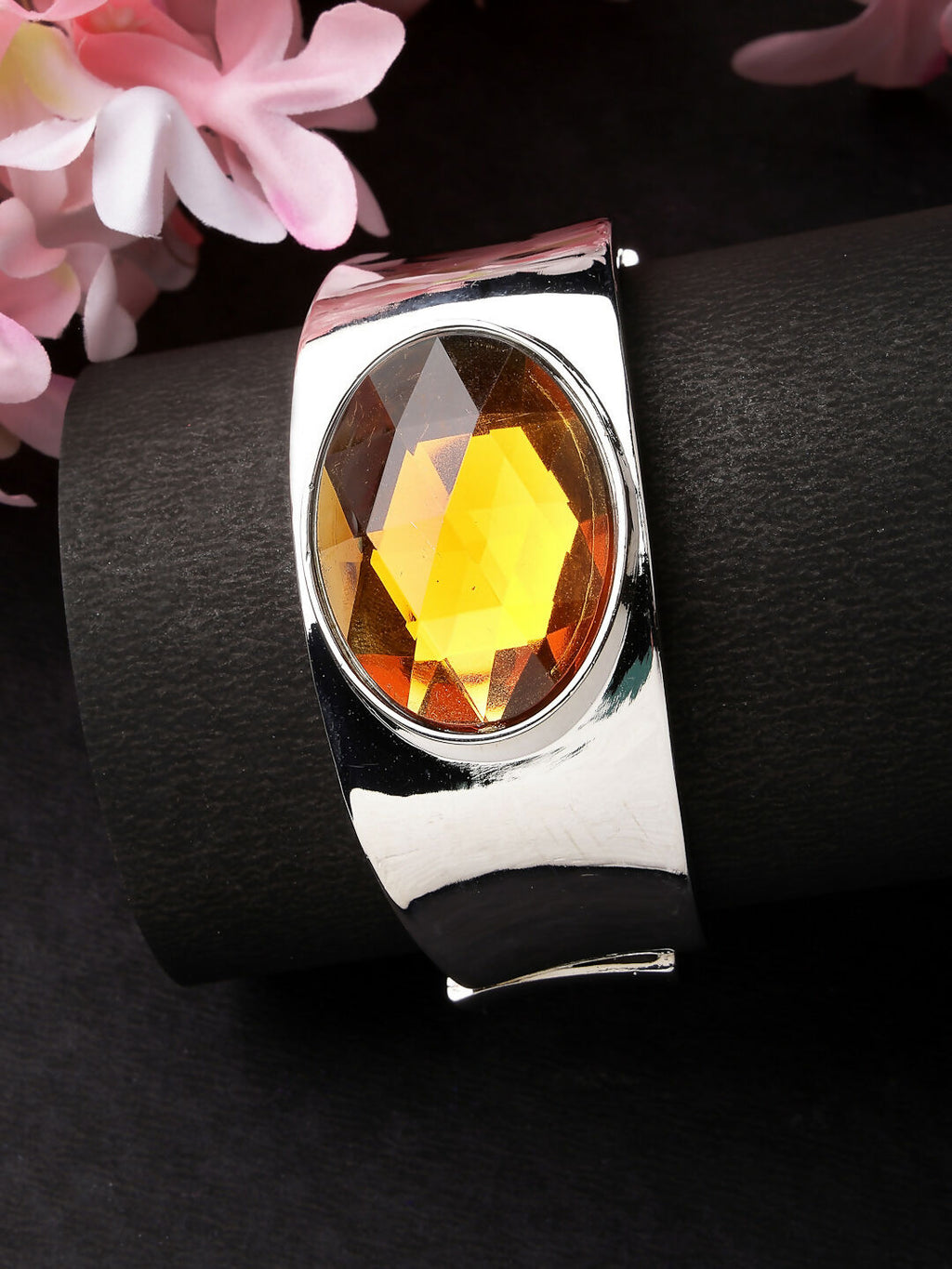 NVR Women Silver-Toned Topaz Rhodium-Plated Kada Bracelet | Grocsy