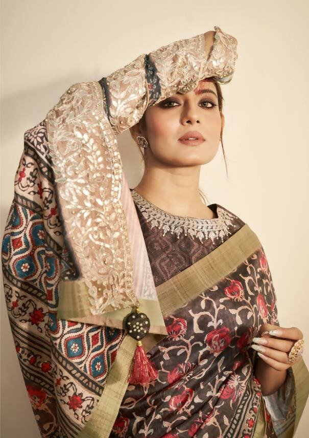 Brown Bhagalpuri Silk Floral Print with Hand work & Stone Work Border Saree - Norita Nirvi | Grocsy