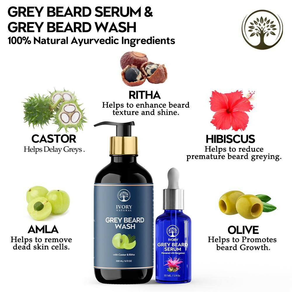 Ivory Natural Grey Beard Combo (Serum + Beard Wash) For Early Graying Beard | Grocsy