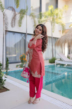 Teeya Creation Womens Wear Peach,Pink Color Viscose Fabric With Sequins & Coding Zari Embroidered Work Kurta Pant Set | Grocsy
