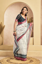 Vastranavya Digital Printed Linen Ready To Wear Pocket Saree with Unstitched Blouse | Grocsy
