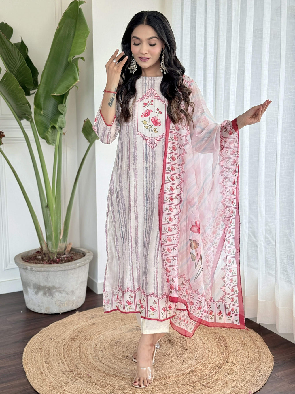 White Multi Viscose Chanderi Stitched Suit With Dupatta - Tanisha | Grocsy