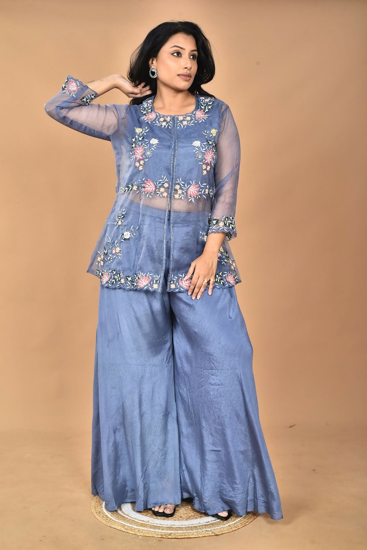 Morchari Women And Hand Embroidery Palazzo Set-Grey | Grocsy