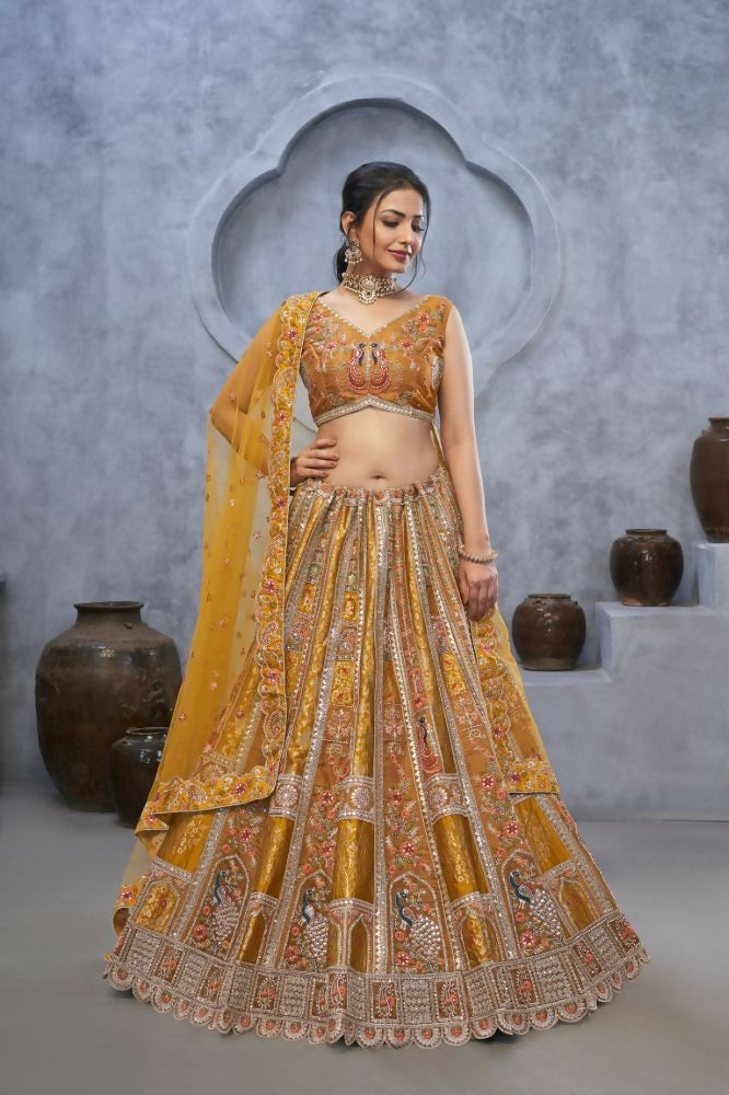 Kesar Fab Mustard Organza Embroidered Lehenga | Grocsy