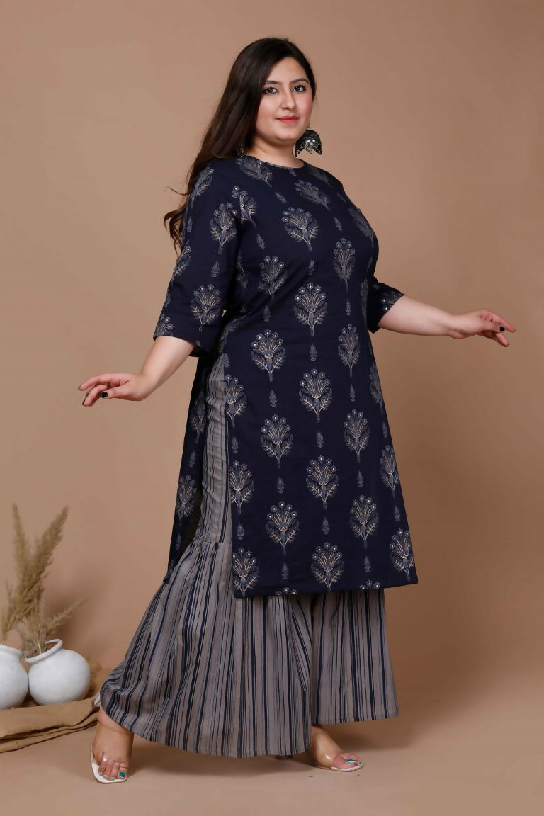 Miravan Women's Plus Size Navy Blue Printed Pure Cotton Kurta With Sharara | Grocsy
