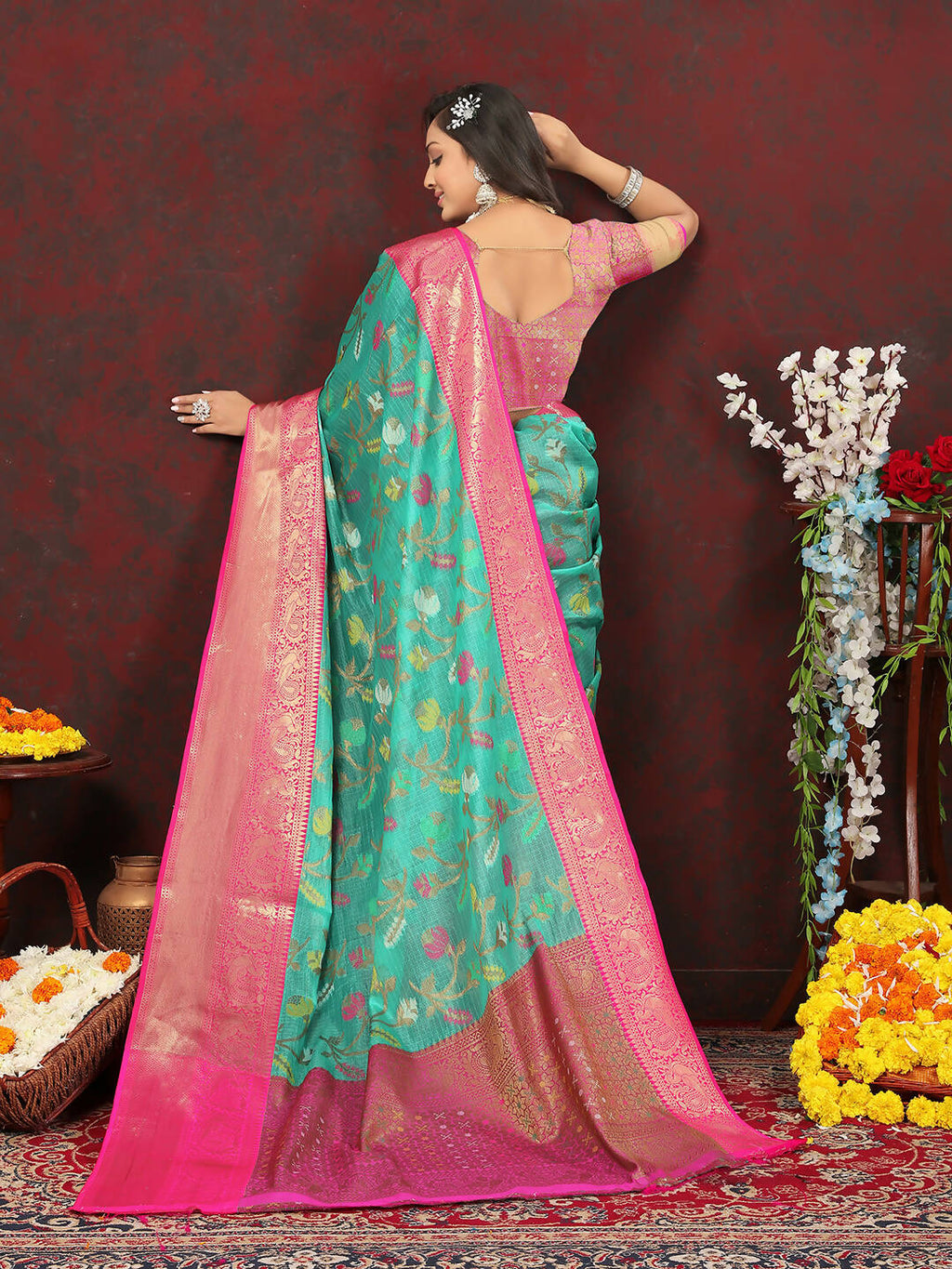 Lorenvalley Fashion Teal Cotton Woven Design Zari Meenakari Weaving Saree | Grocsy