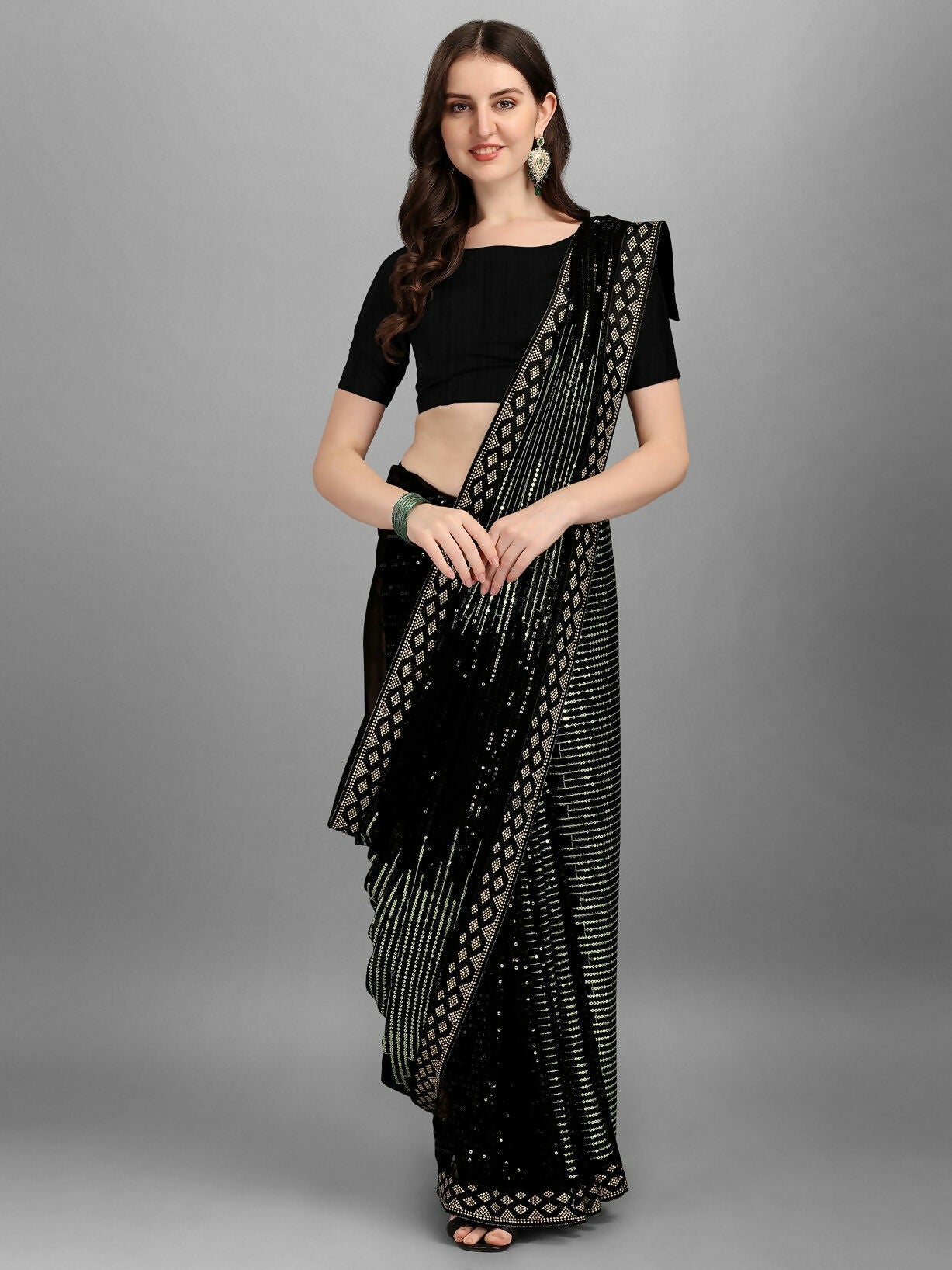 Vegaa Fashion Black Georgette Embroidered Party Wear Saree | Grocsy