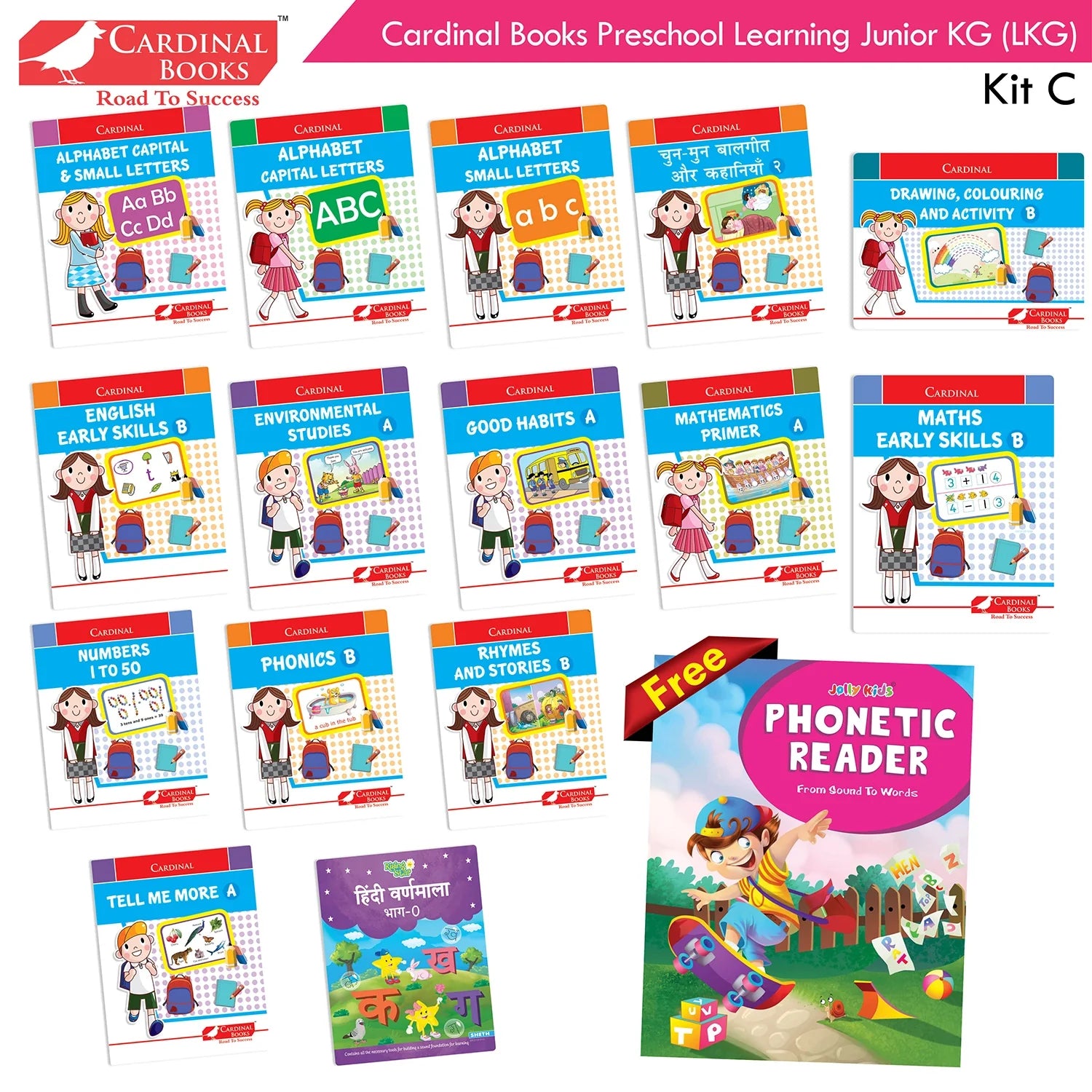 Cardinal Books Preschool Learning Junior KG (LKG) Kit C Set of 16| Ages 4-5 Years| Alphabet| Number| Rhymes and Stories| Phonic| Hindi Varnmala | Grocsy