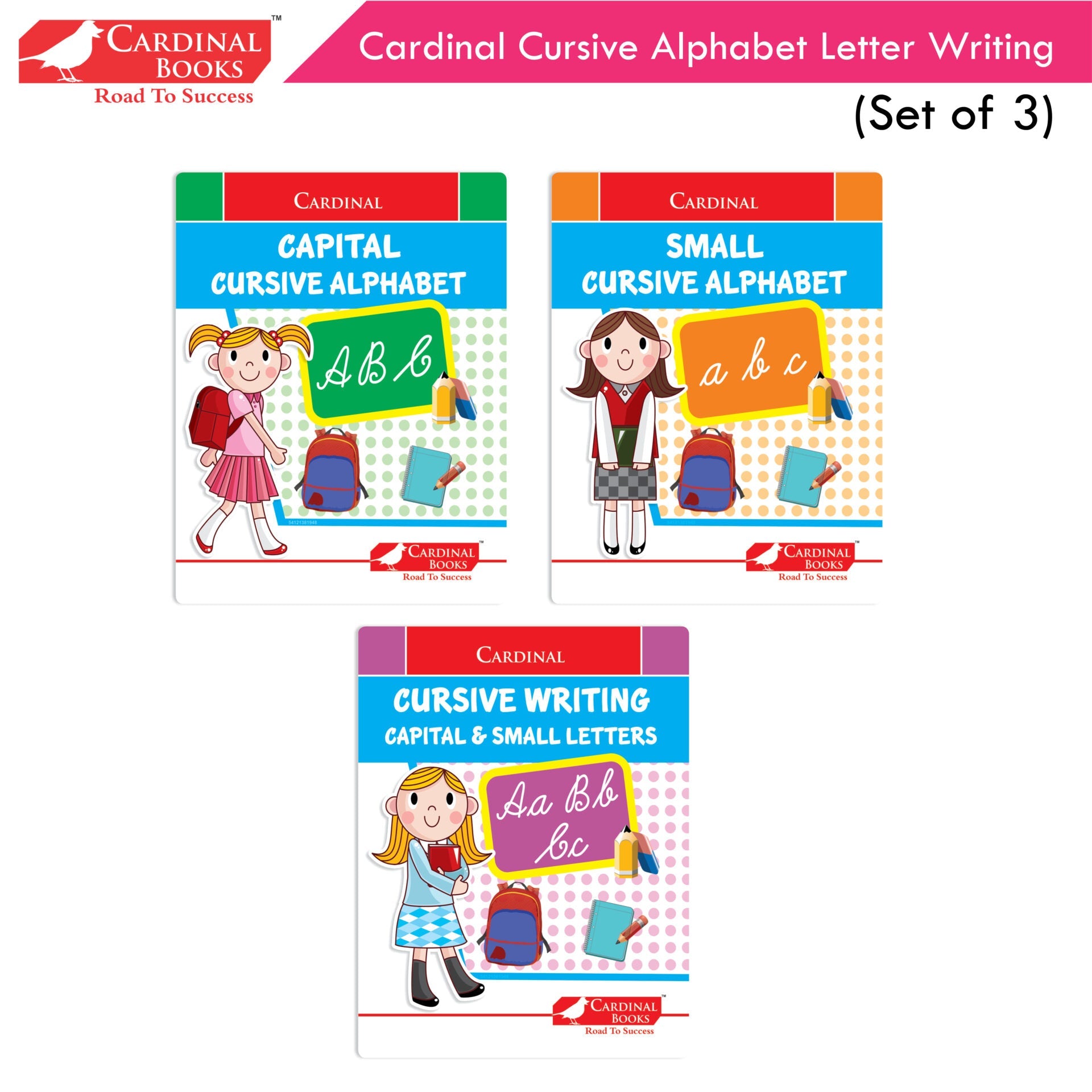 Cardinal Cursive Alphabet Capital and Small Letter Writing Practice Books for Kids| Set of 3|Kindergarten Book for Kids Ages 3-7 Years | Grocsy