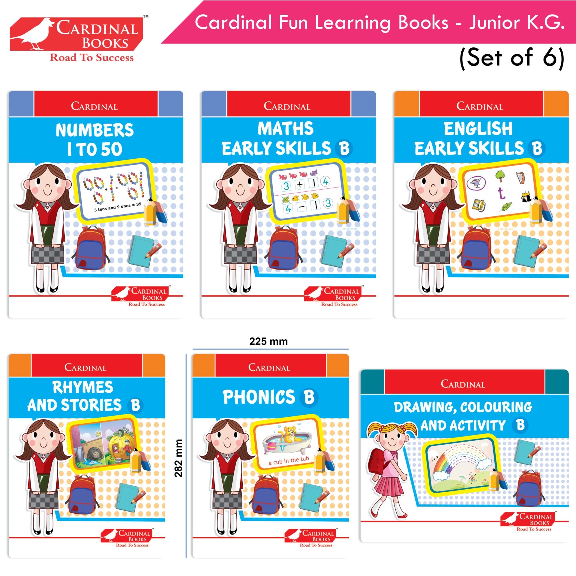 Cardinal Fun Learning Junior KG Activity Books Set of 6|Number| Rhymes & Story| Phonic| English & Maths Skill| Colouring Book For Kids Ages 4-5 Years | Grocsy